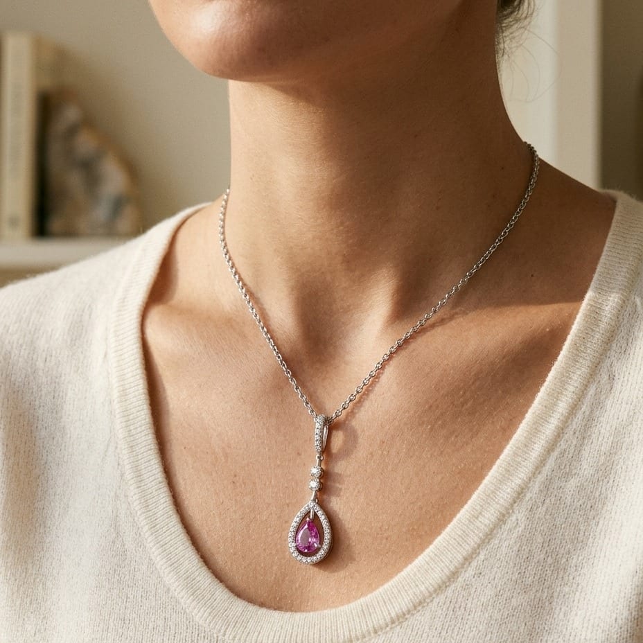 Pink Sapphire & Diamond Pendant in 14K White Gold - editorial