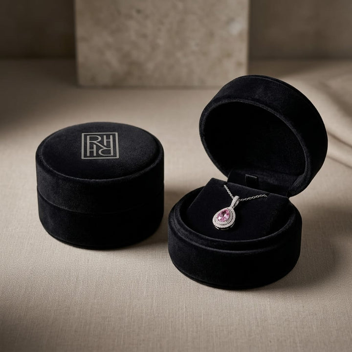 Pink Sapphire and Diamond Pendant in 14K White Gold, 1.00ct, in navy velvet jewelry box
