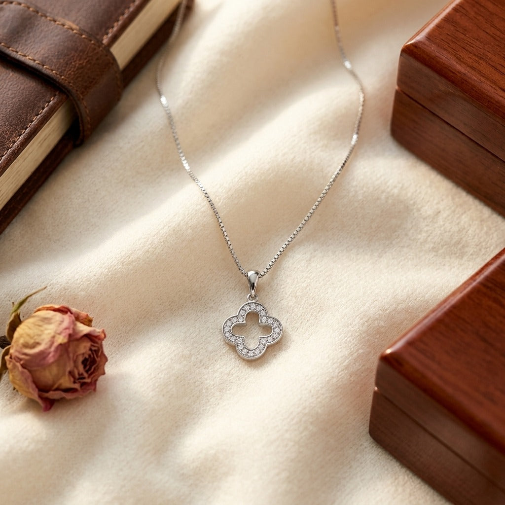 Diamond Clover Pave Pendant in 14K White Gold - flat lay
