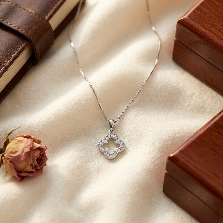 Diamond Clover Pave Pendant in 14K White Gold - flat lay