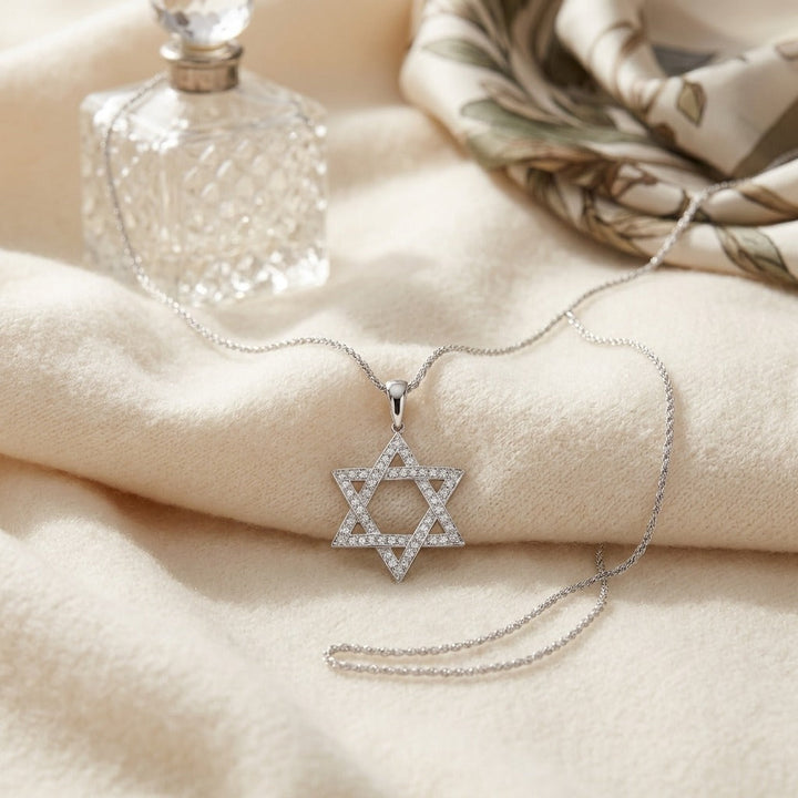 Diamond Pave Star of David Pendant in 14K White Gold - flat lay