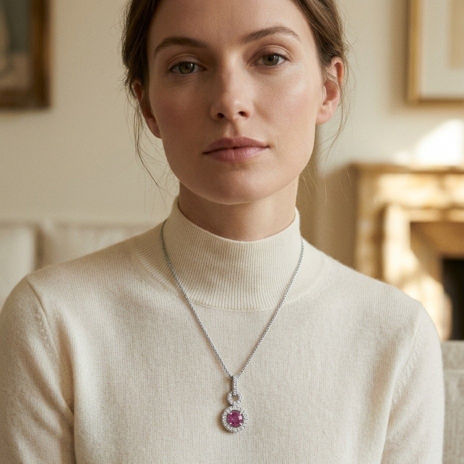 Pink Sapphire & Diamond Doorknocker Pendant in 14K White Gold - editorial