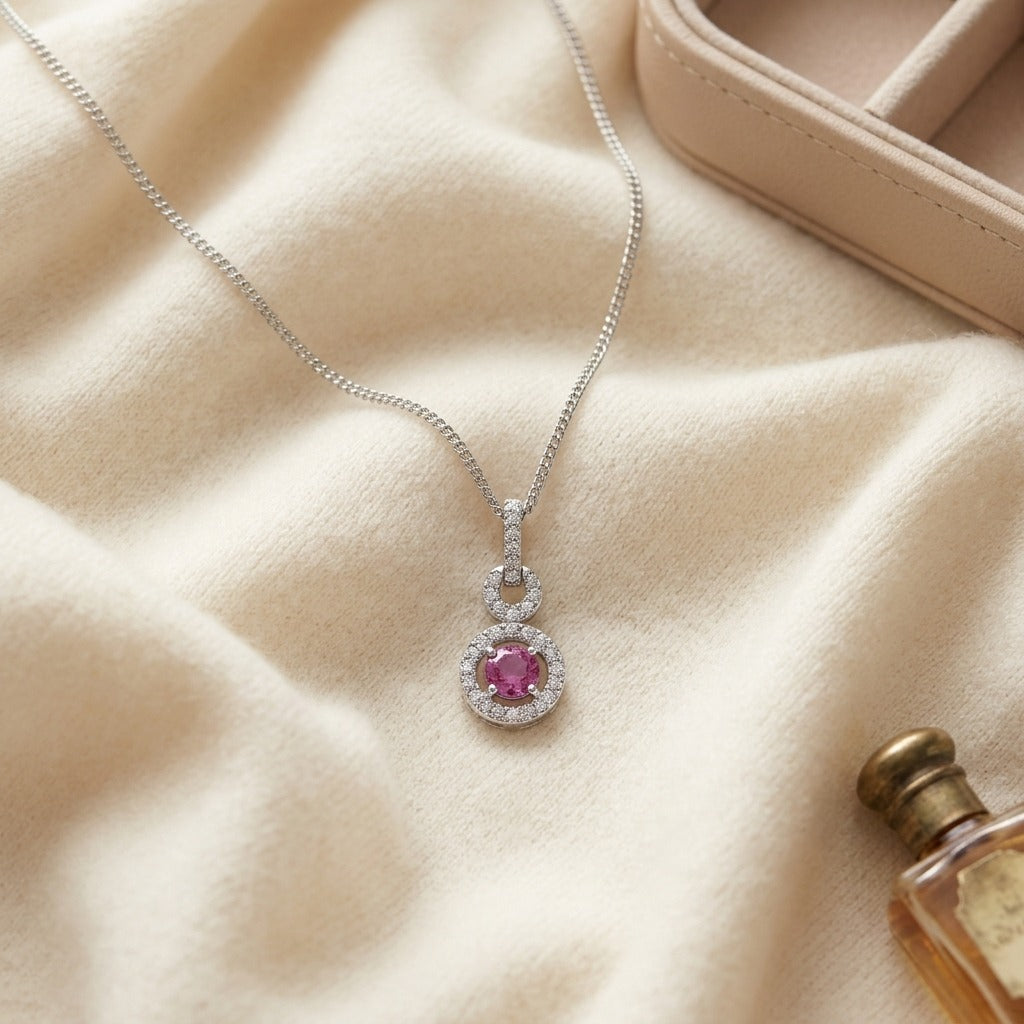 Pink Sapphire & Diamond Doorknocker Pendant in 14K White Gold - flat lay