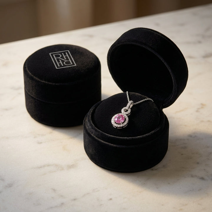 Pink Sapphire & Diamond Doorknocker Pendant in 14K White Gold - presentation