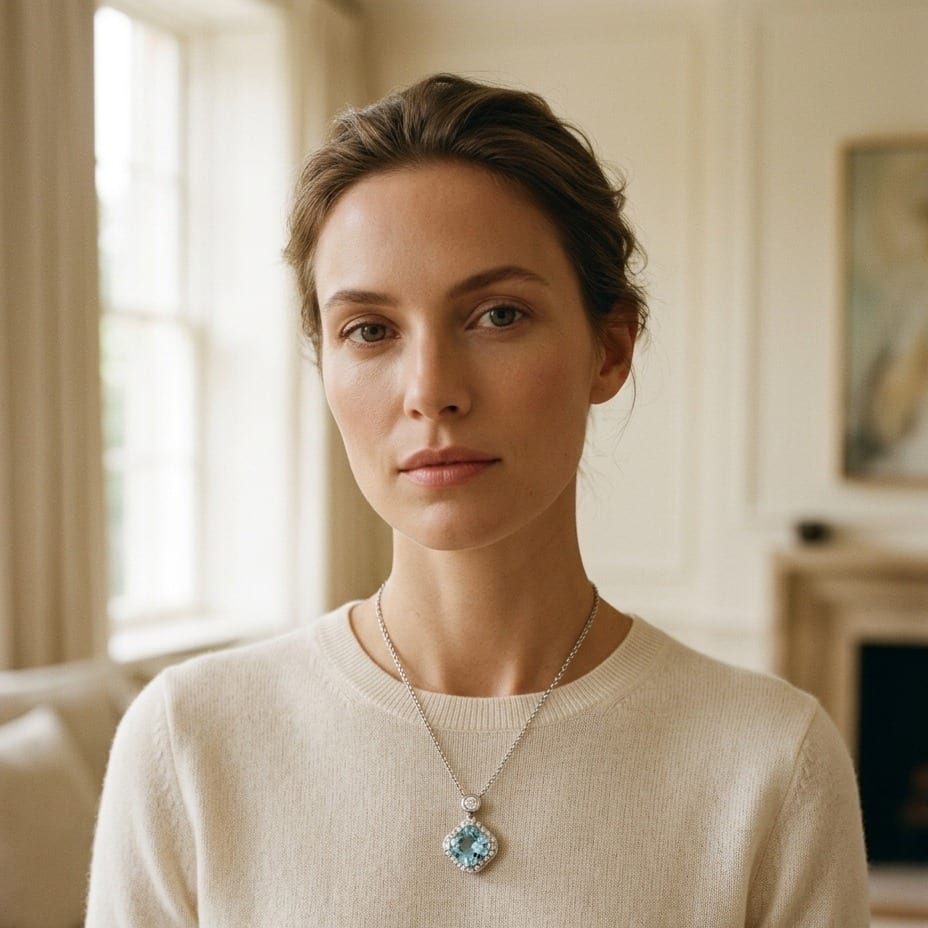Blue Topaz & Diamond Cushion Kite Pendant 17 Inch Baby Curb Chain in 14K White Gold - lifestyle
