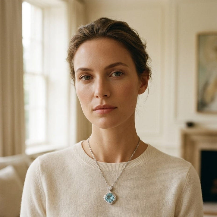 Blue Topaz & Diamond Cushion Kite Pendant 17 Inch Baby Curb Chain in 14K White Gold - lifestyle