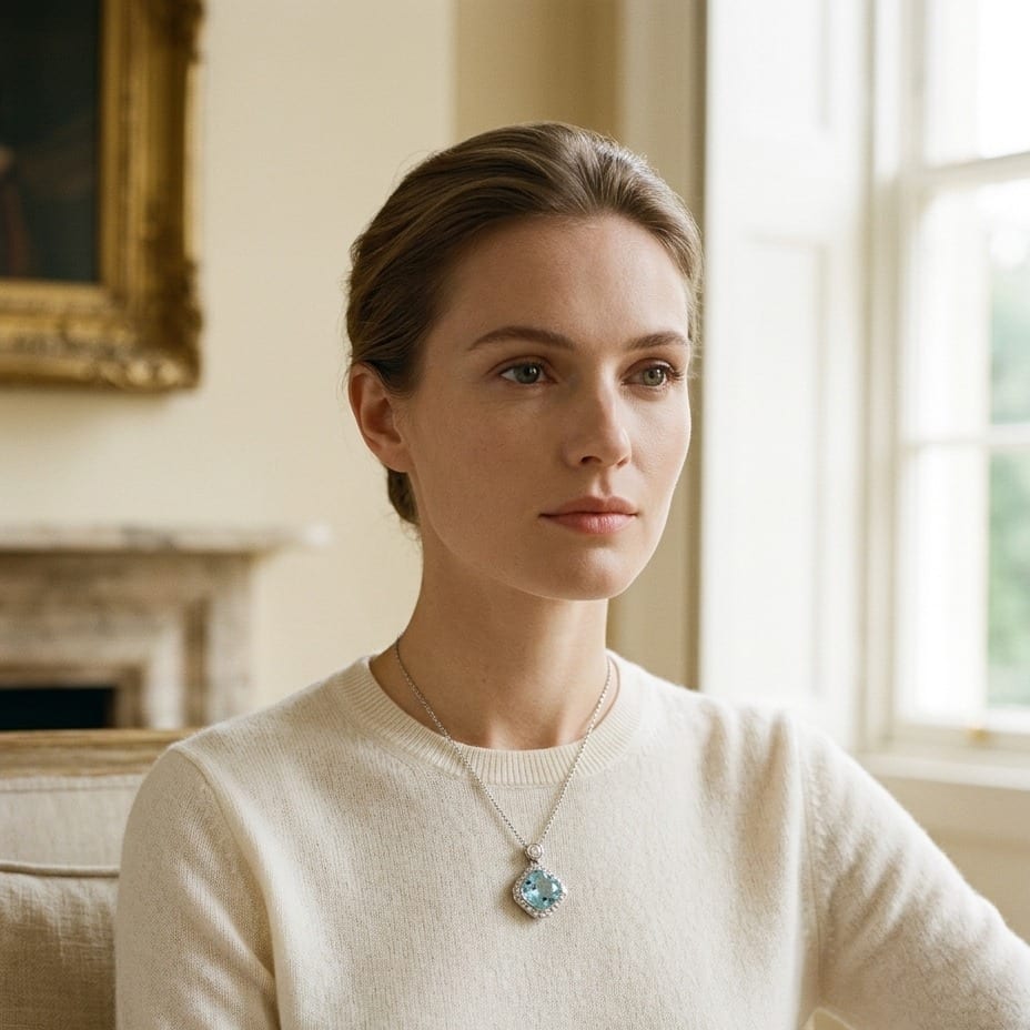 Blue Topaz & Diamond Cushion Kite Pendant 17 Inch Baby Curb Chain in 14K White Gold - on model
