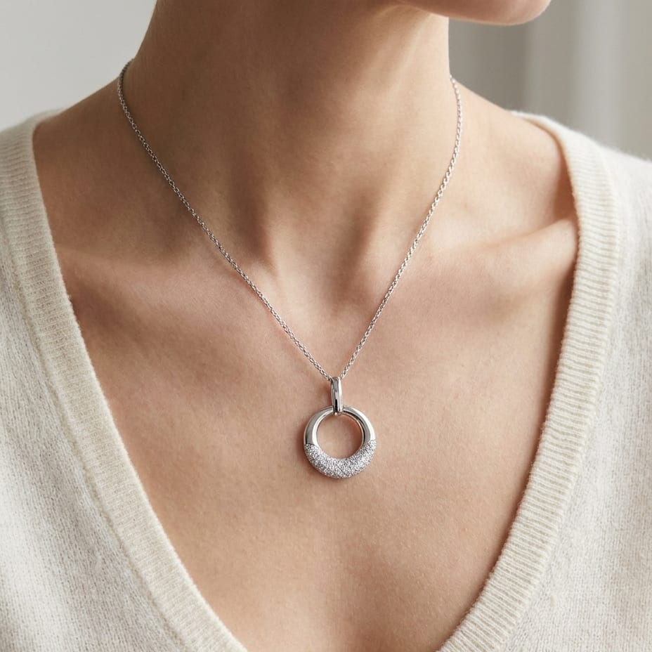 Natural Diamond Round Brilliant Pendant in 14K White Gold, 6 ct. t.w., worn close-up portrait