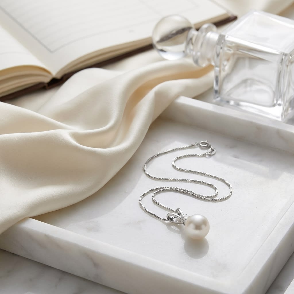 Freshwater Pearl Pear Shape Pendant in 14K White Gold, on marble vanity tray with silk