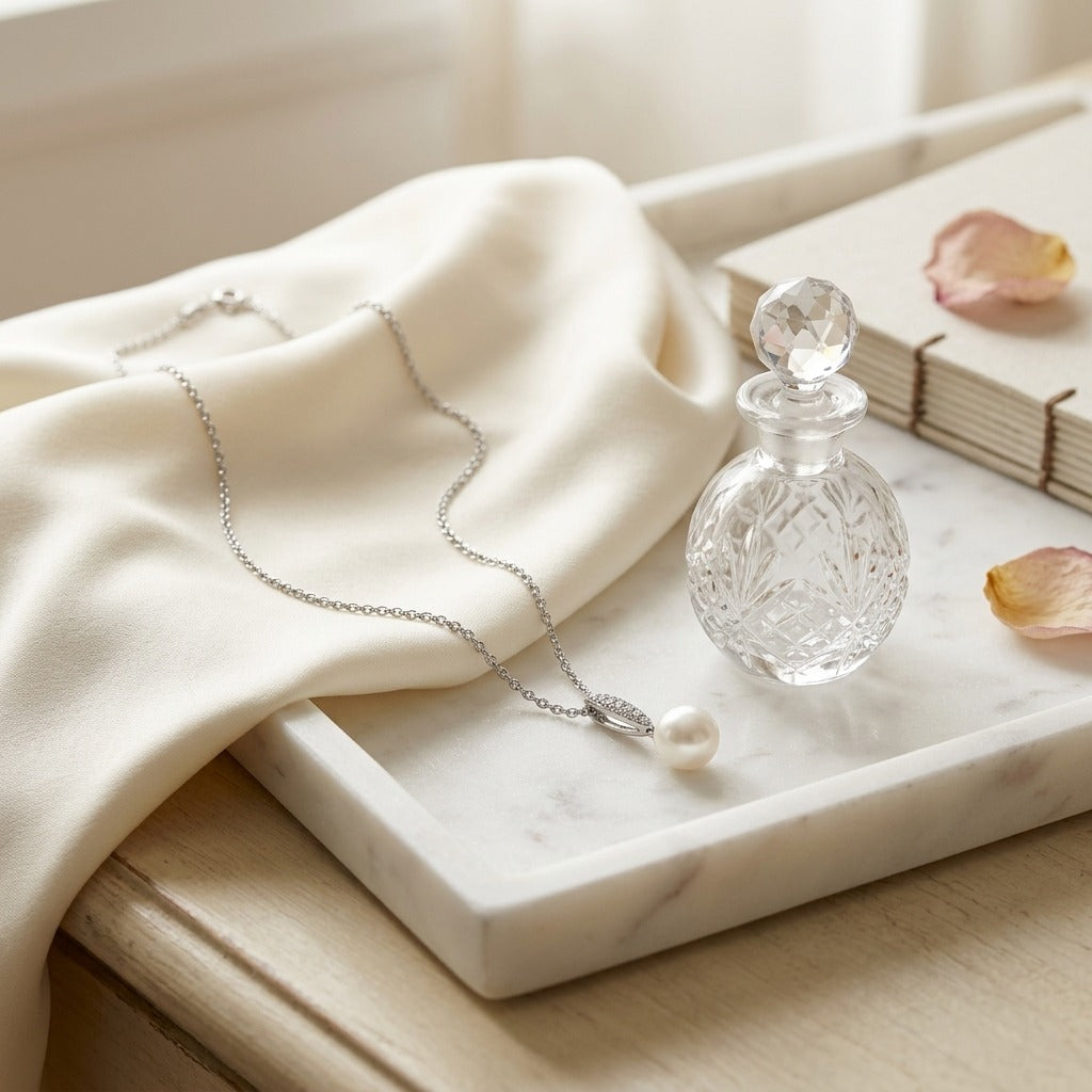 Pearl & Diamond Bale Pendant 1/12ctw in 14K White Gold - editorial
