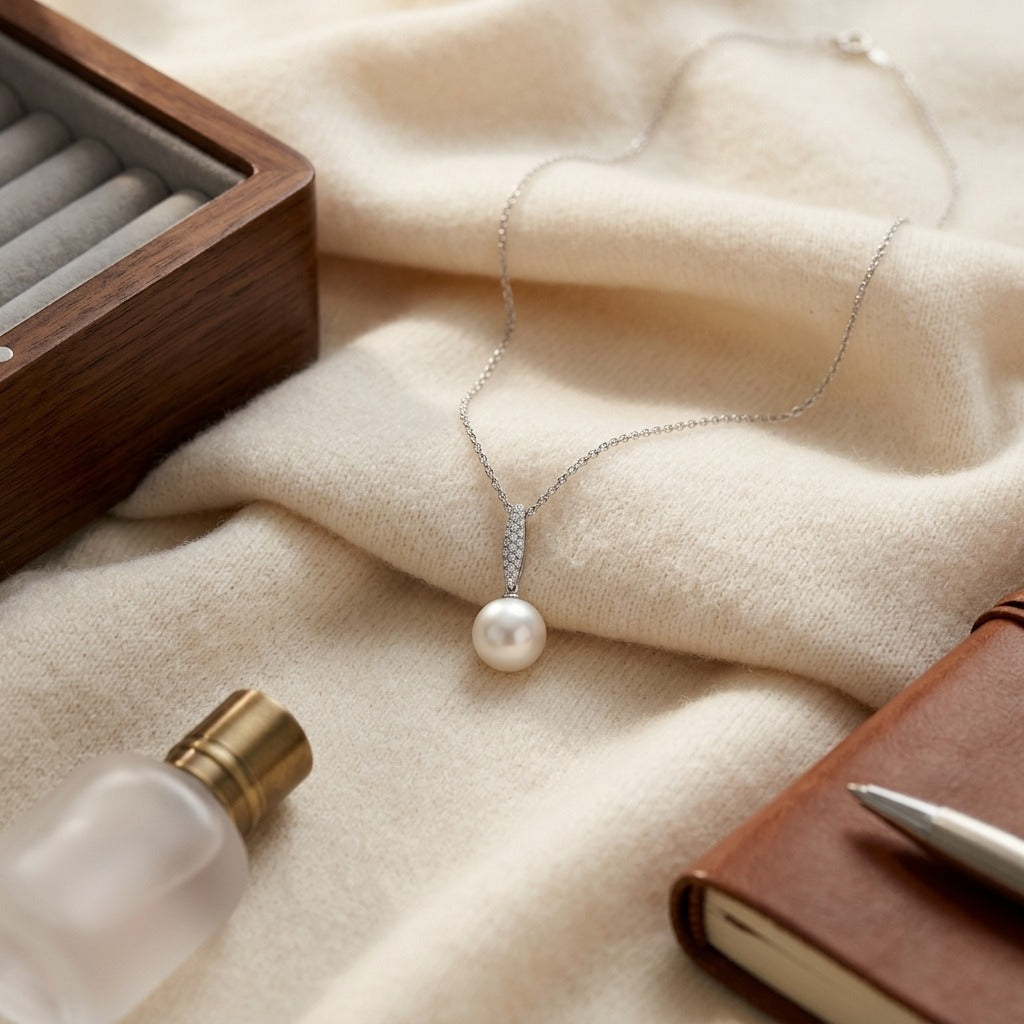 Pearl & Diamond Bale Pendant 1/12ctw in 14K White Gold - flat lay