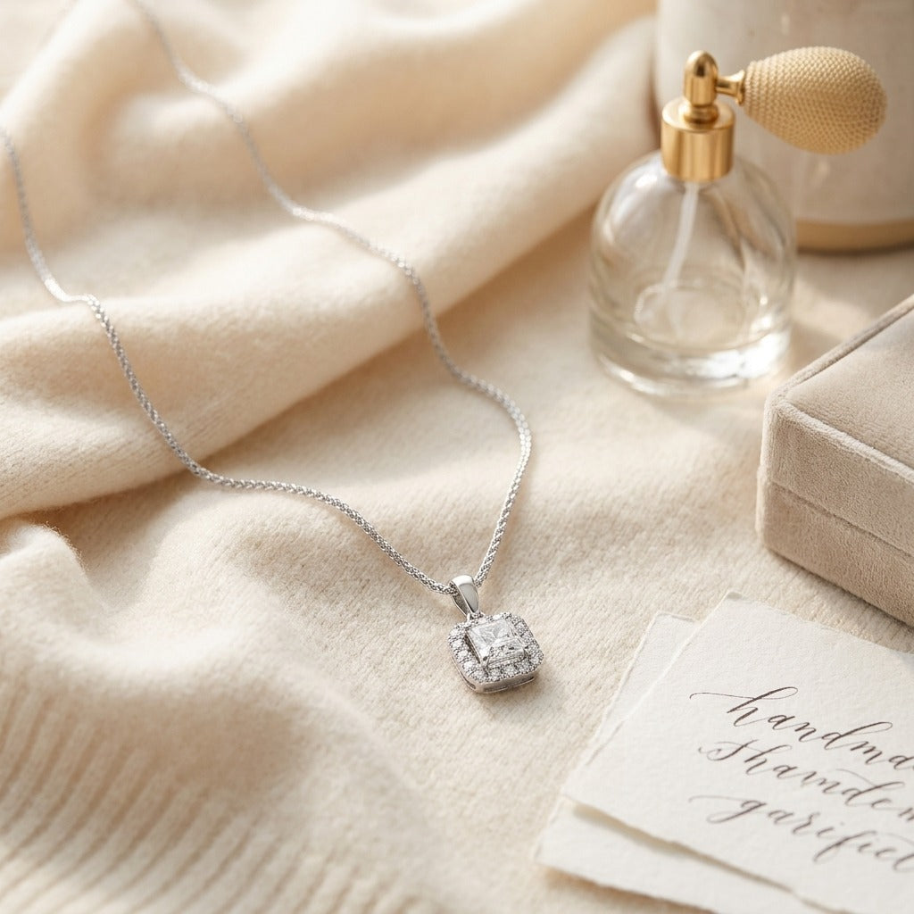 Diamond Princess Cut, Rounded Halo Pendant in 14K White Gold - flat lay
