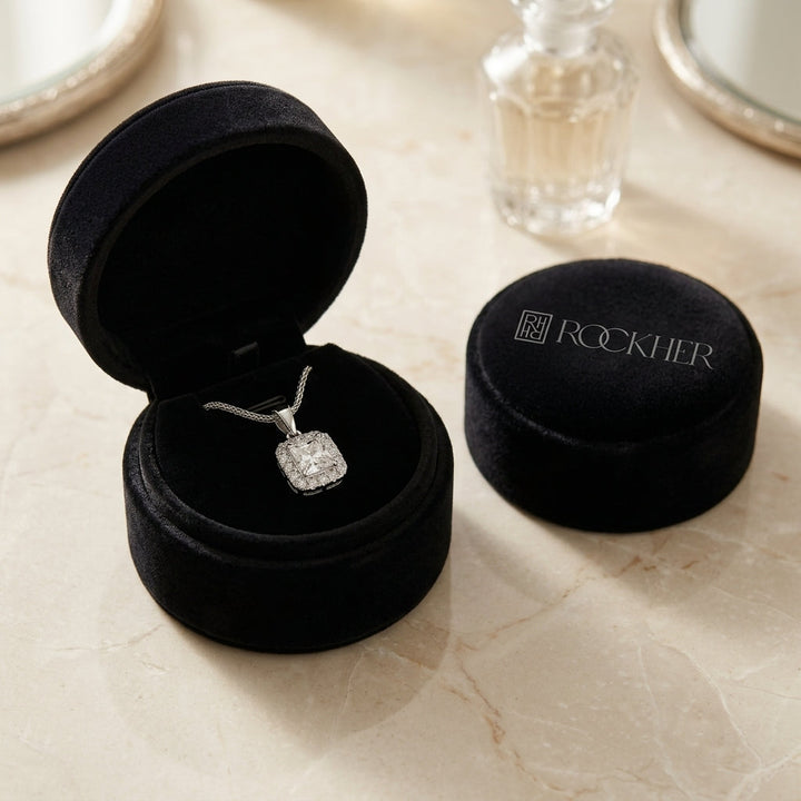 Diamond Princess Cut, Rounded Halo Pendant in 14K White Gold - presentation