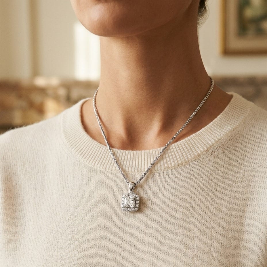 Blue Sapphire Asscher Halo Pendant 17-Inch Chain in 14K White Gold - editorial