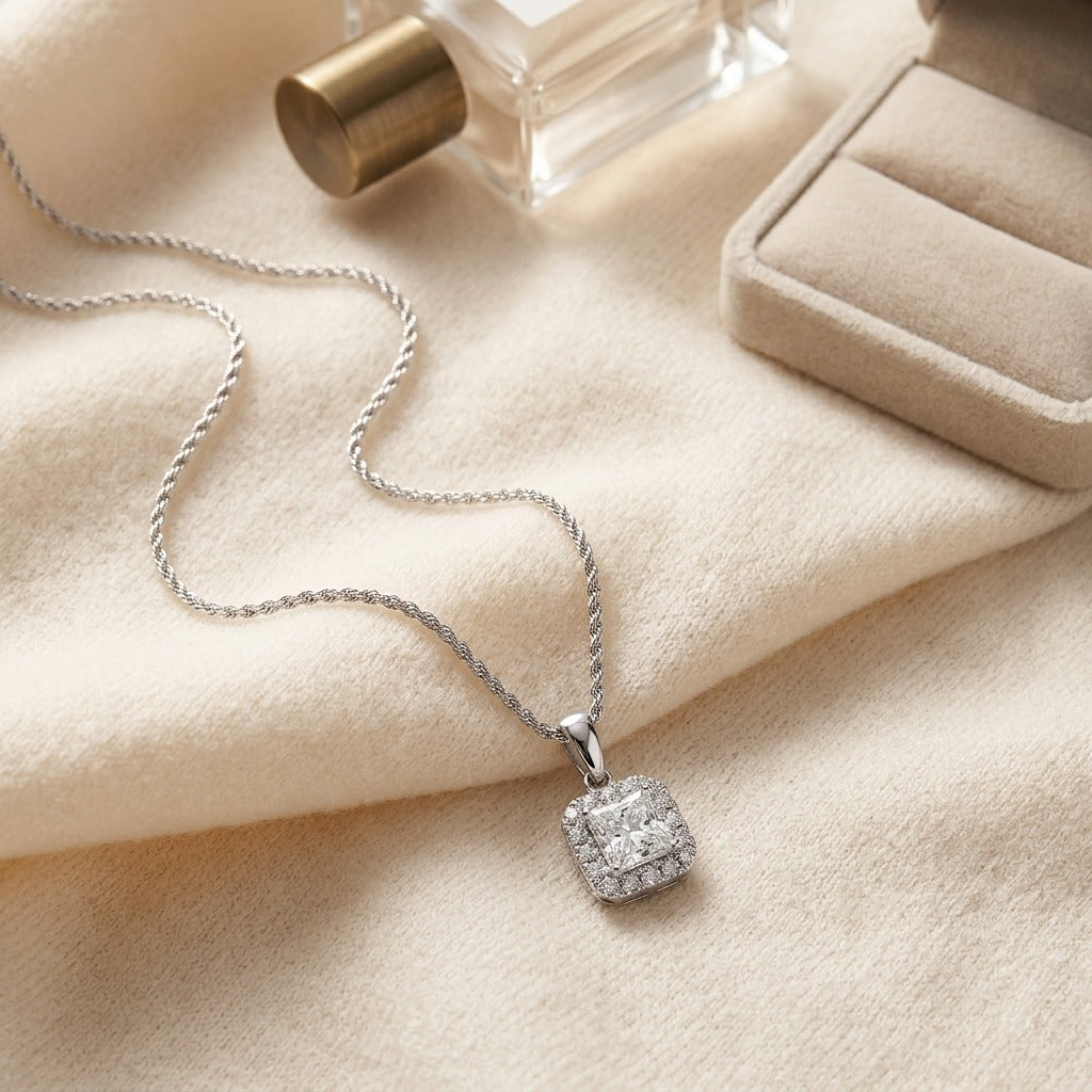 Blue Sapphire Asscher Halo Pendant 17-Inch Chain in 14K White Gold - flat lay