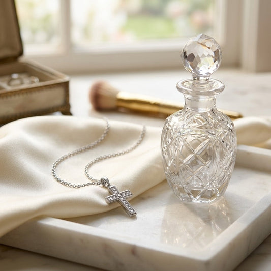 Diamond Channel Cross Pendant 16-18in Adj Cable Chain in 14K White Gold - editorial
