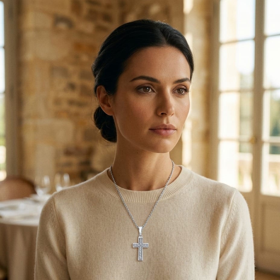 Diamond Channel Cross Pendant 16-18in Adj Cable Chain in 14K White Gold - lifestyle