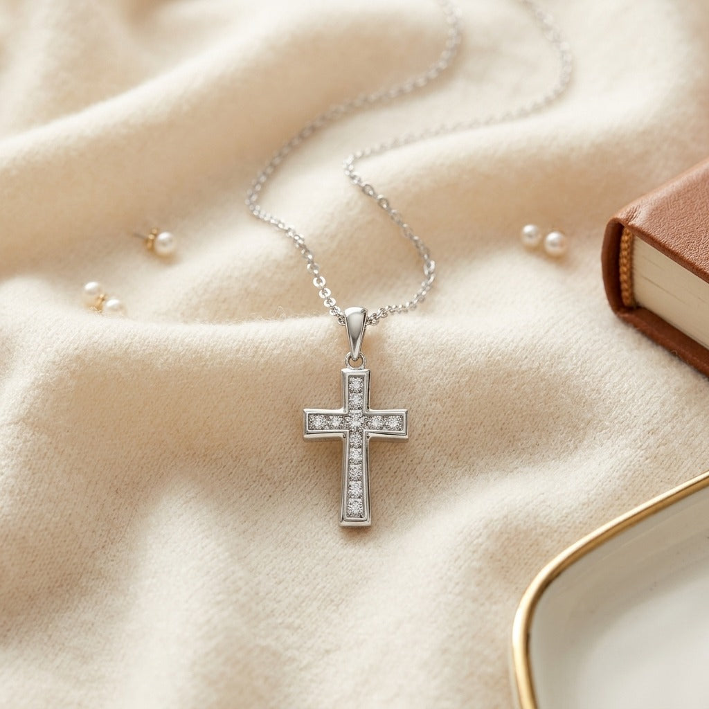 Diamond Channel Cross Pendant 16-18in Adj Cable Chain in 14K White Gold - flat lay