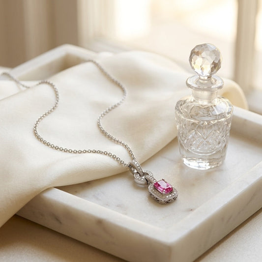 Pink Sapphire & Diamond Mini Doorknocker Pendant in 14K White Gold - editorial