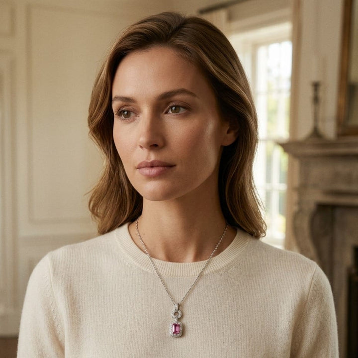 Pink Sapphire & Diamond Mini Doorknocker Pendant in 14K White Gold - lifestyle