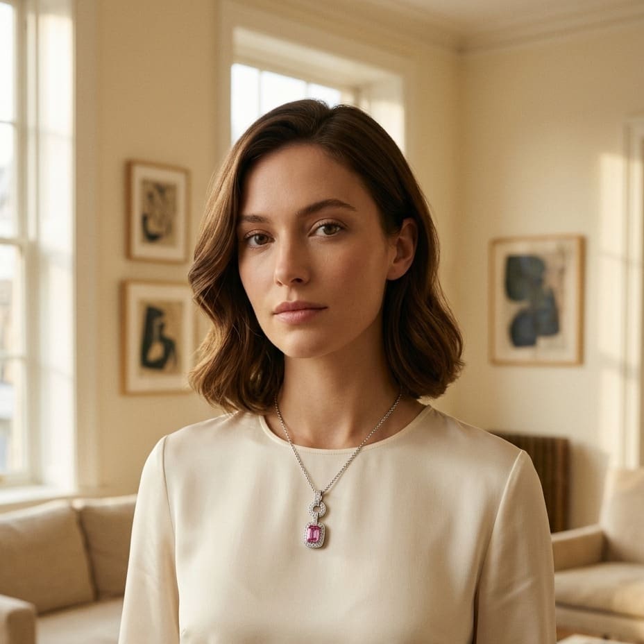 Pink Sapphire & Diamond Mini Doorknocker Pendant in 14K White Gold - on model