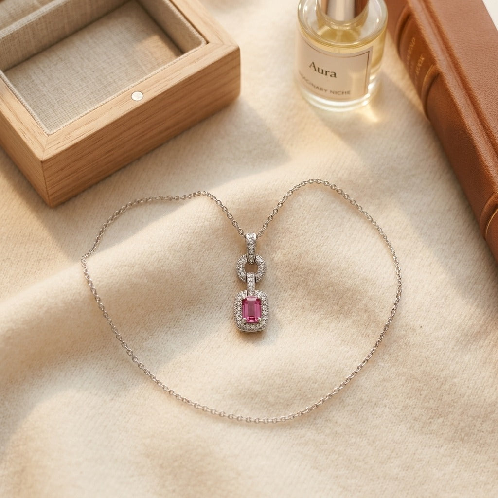 Pink Sapphire & Diamond Mini Doorknocker Pendant in 14K White Gold - flat lay