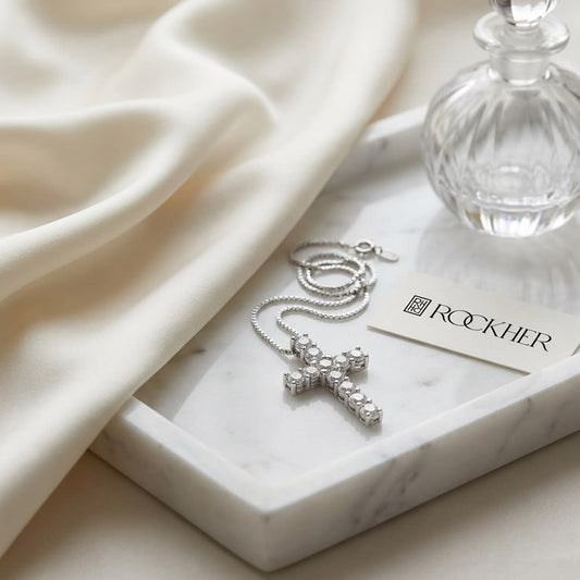 Natural Diamond Round Brilliant Pendant in 14K White Gold, on marble vanity tray with silk