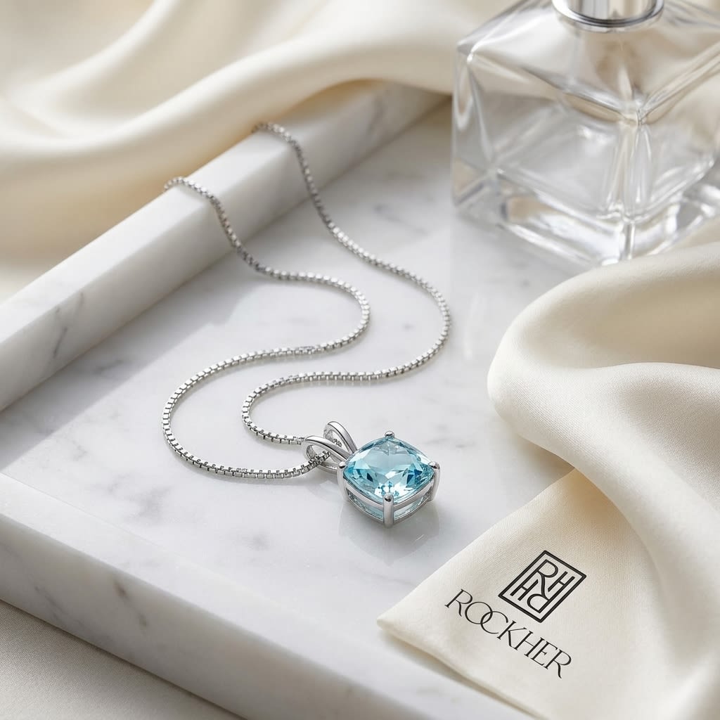 Aquamarine Solitaire Pendant in 14K White Gold, on marble vanity tray with silk