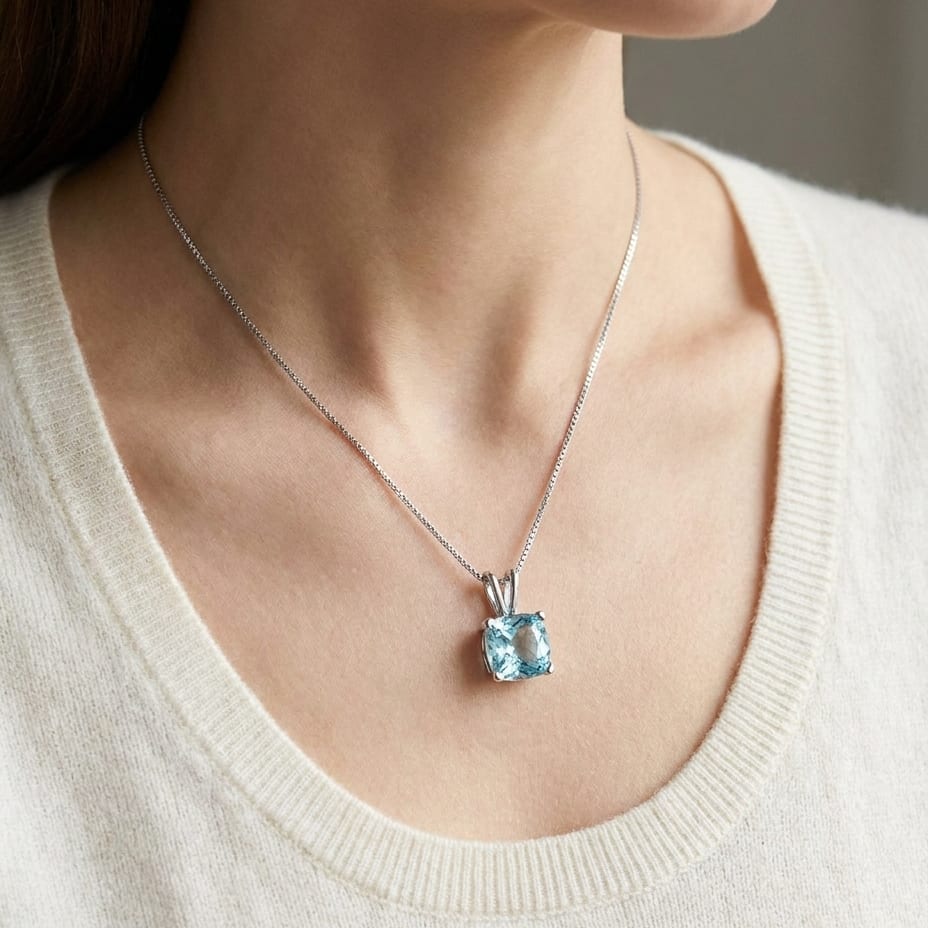 Aquamarine Solitaire Pendant in 14K White Gold, worn close-up portrait