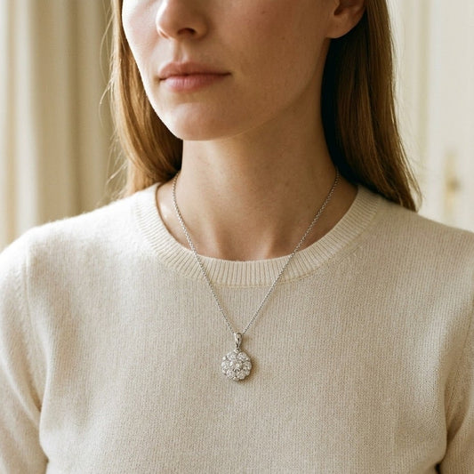 Diamond Cluster Solitaire Style Pendant in 14K White Gold - editorial