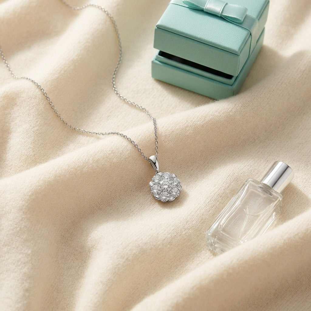 Diamond Cluster Solitaire Style Pendant in 14K White Gold - flat lay