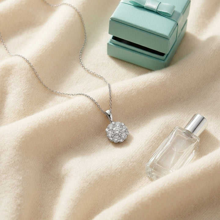Diamond Cluster Solitaire Style Pendant in 14K White Gold - flat lay