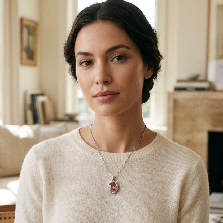 Pink Tourmaline & Diamond Oval Halo Pendant in 14K White Gold - lifestyle