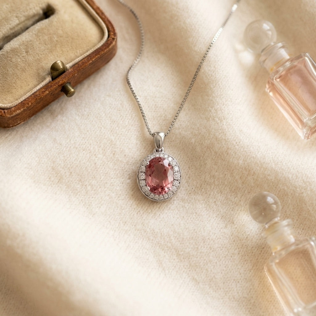 Pink Tourmaline & Diamond Oval Halo Pendant in 14K White Gold - flat lay