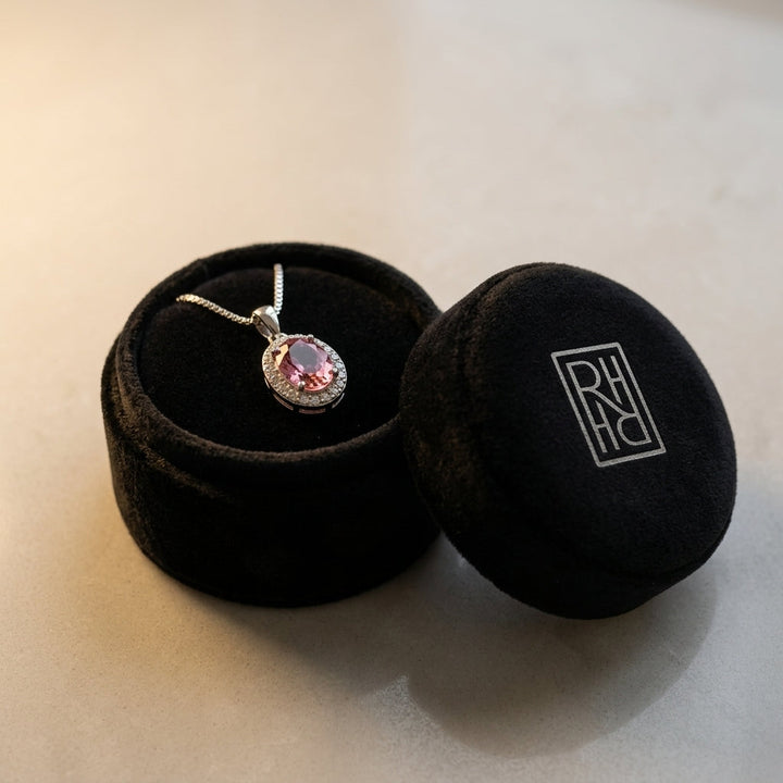 Pink Tourmaline & Diamond Oval Halo Pendant in 14K White Gold - presentation