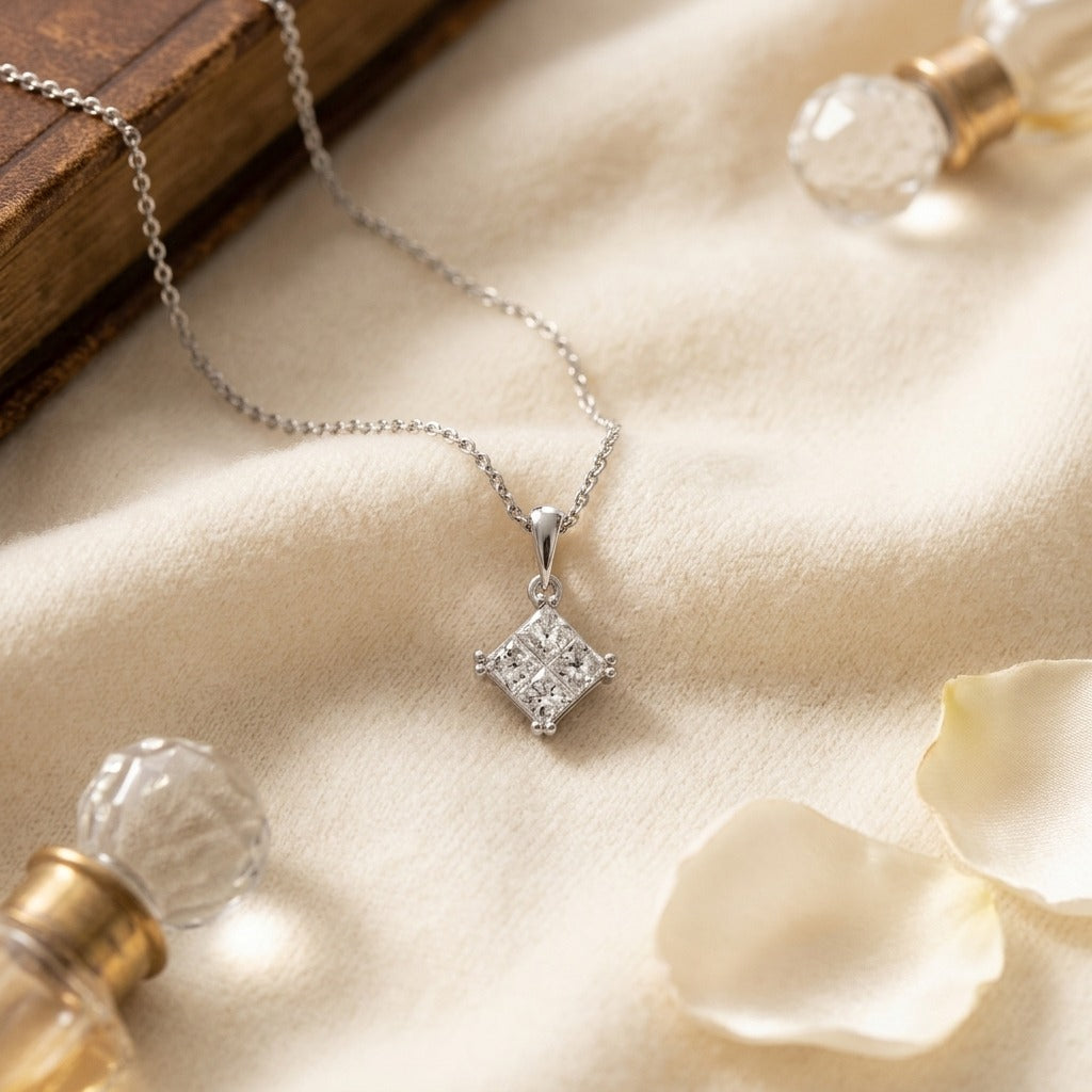 Diamond Princess Invisible Petite Pendant , 17-Inch Chain in 14K White Gold - flat lay