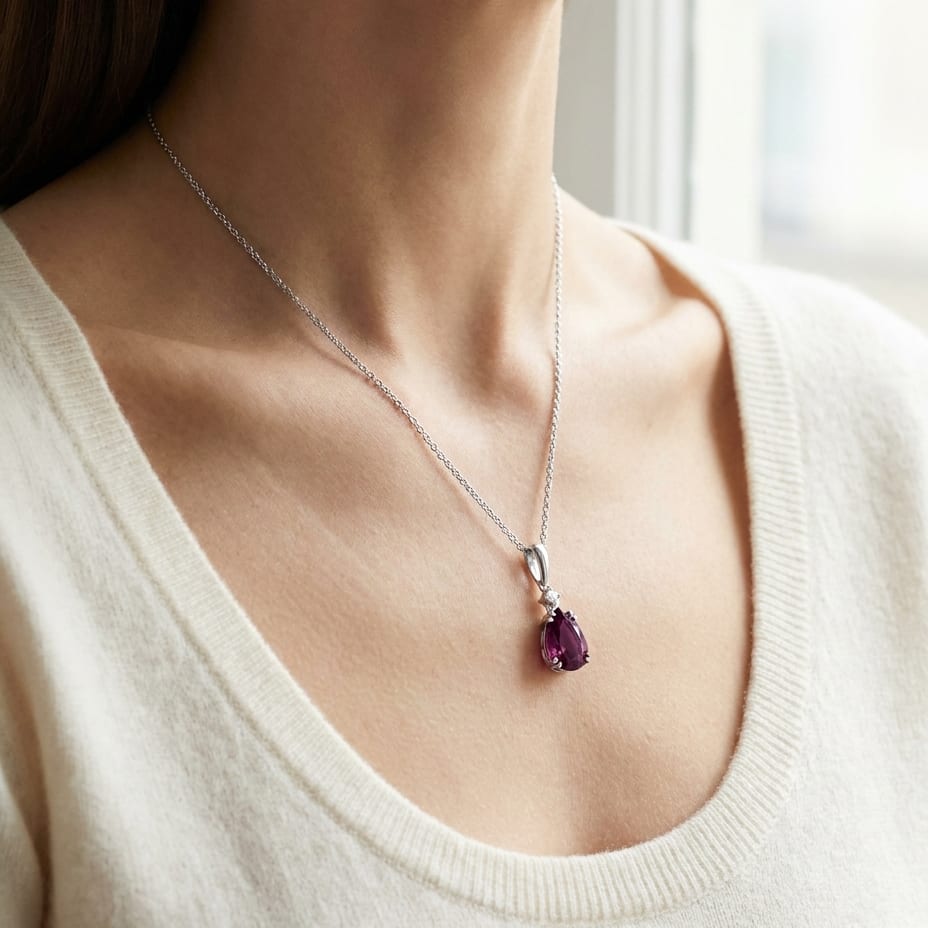 Rhodolite Garnet Pendant in 14K White Gold, worn close-up portrait