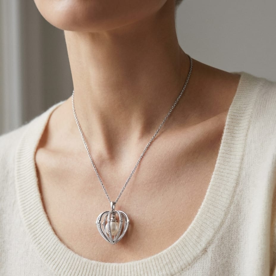 Cultured Pearl Pear Shape Pendant in 14K White Gold, worn close-up portrait