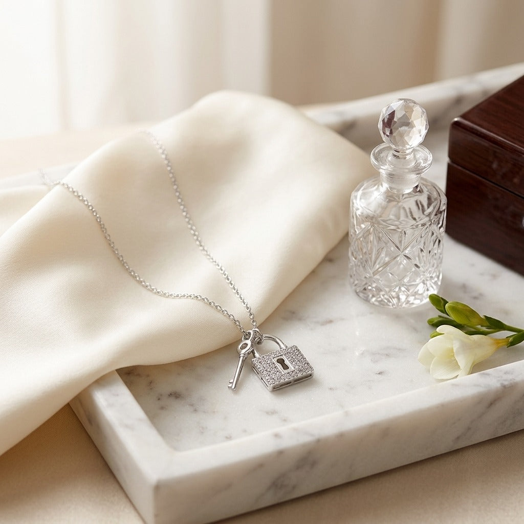 Diamond Lock & Key Pendant in 14K White Gold - editorial