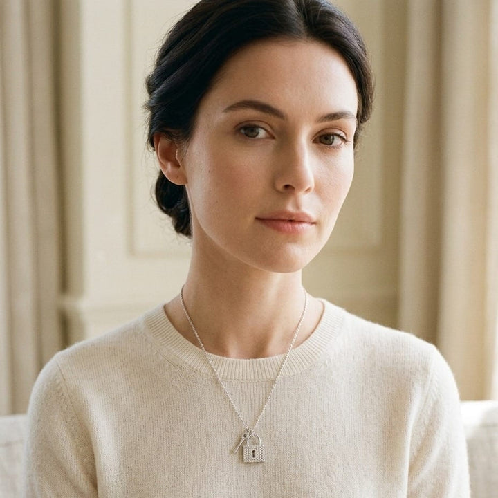 Diamond Lock & Key Pendant in 14K White Gold - lifestyle