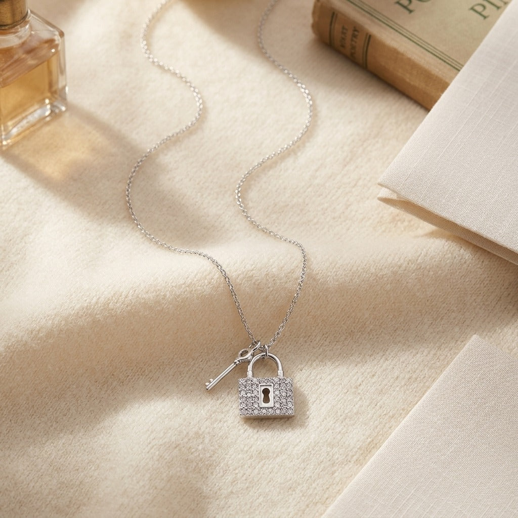 Diamond Lock & Key Pendant in 14K White Gold - flat lay