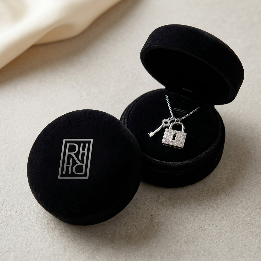 Diamond Lock & Key Pendant in 14K White Gold - presentation