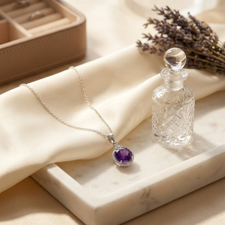 Amethyst & Diamond Round Halo Pendant with Bezel Accent in 14K White Gold - lifestyle