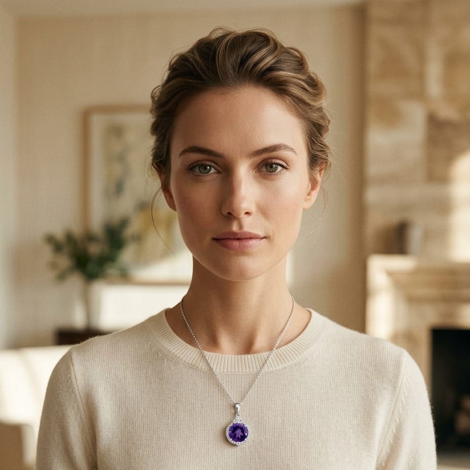 Amethyst & Diamond Round Halo Pendant with Bezel Accent in 14K White Gold - editorial