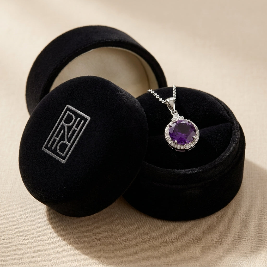 Amethyst & Diamond Round Halo Pendant with Bezel Accent in 14K White Gold - presentation