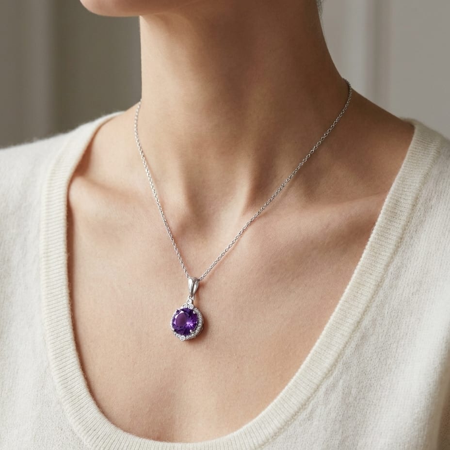 Amethyst Round Brilliant Halo Pendant in 14K White Gold, worn close-up portrait