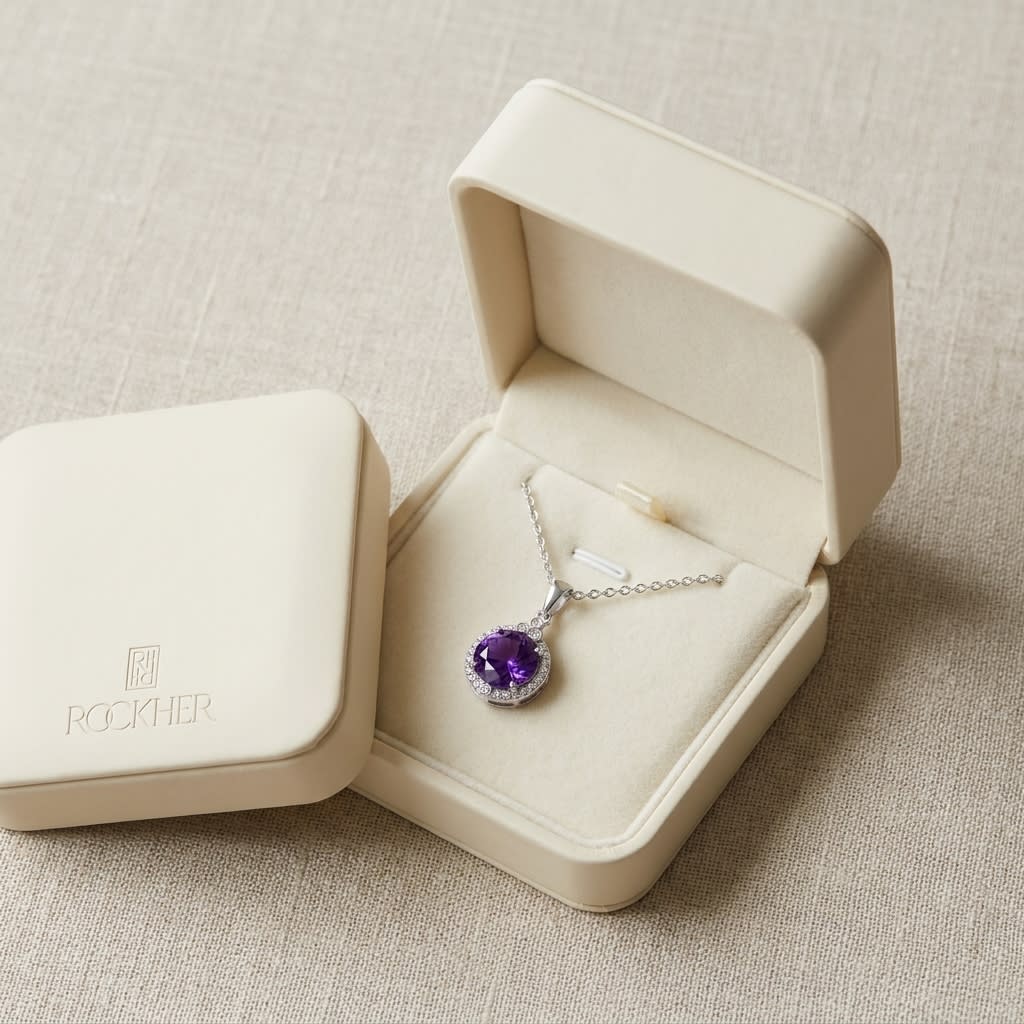 Amethyst Round Brilliant Halo Pendant in 14K White Gold, in navy velvet jewelry box