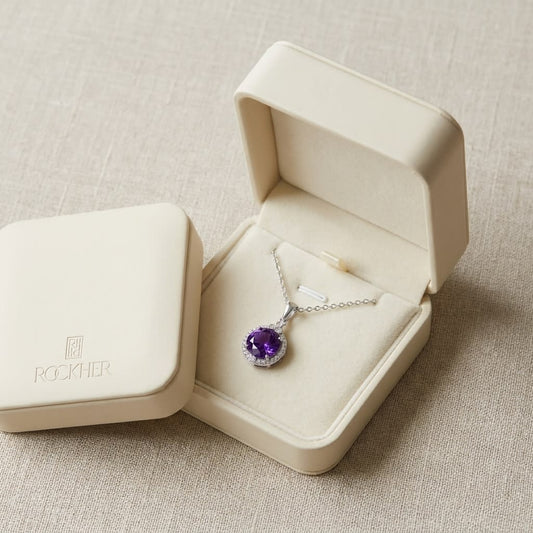 Amethyst Round Brilliant Halo Pendant in 14K White Gold, in navy velvet jewelry box