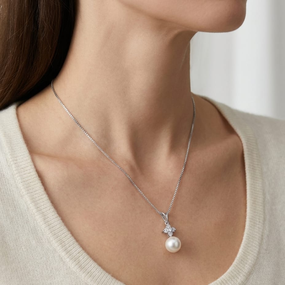 Cultured Pearl Pear Shape Pendant in 14K White Gold, worn close-up portrait