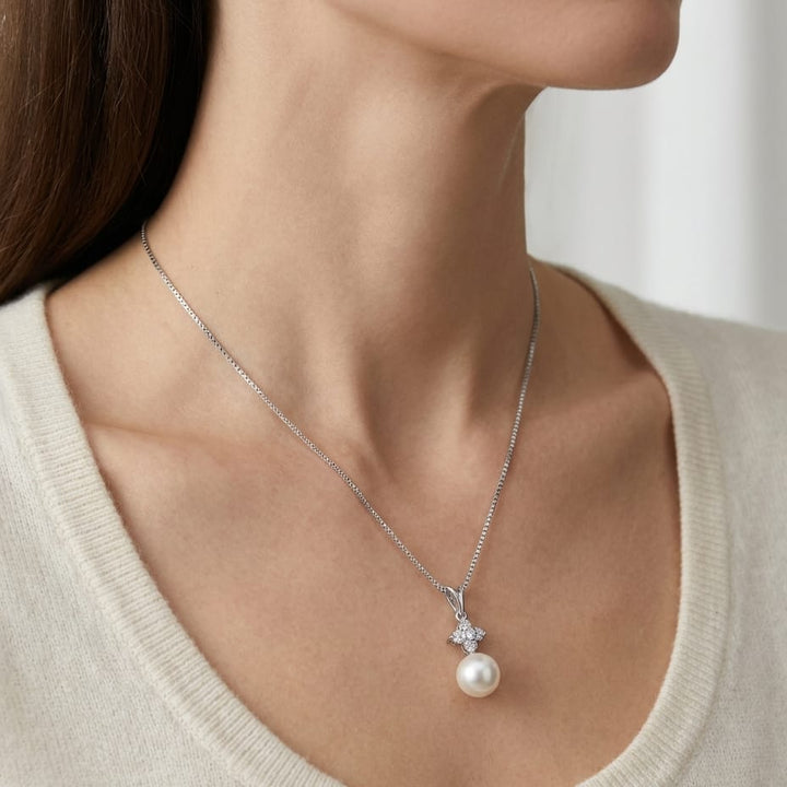 Cultured Pearl Pear Shape Pendant in 14K White Gold, worn close-up portrait